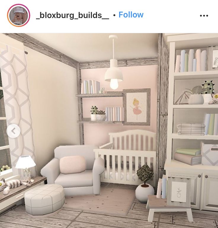 an image of a baby's room with furniture and bookshelves on the wall