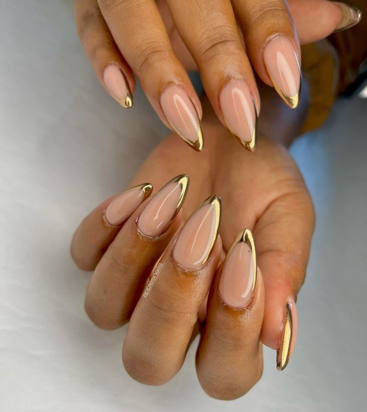 Almond French White Nails, Almond Shape Gold French Tip, Almond Nails With Chrome Tips, Fun Almond Shaped Nails, Gold French Nails Design, Black Tips With Chrome, Almond Nails With Gold Tips, Almond Overlay Nails, Gold Tipped French Manicure