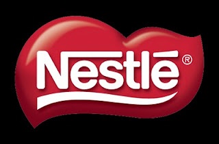 the nestle logo is shown in red and white, as well as an apple