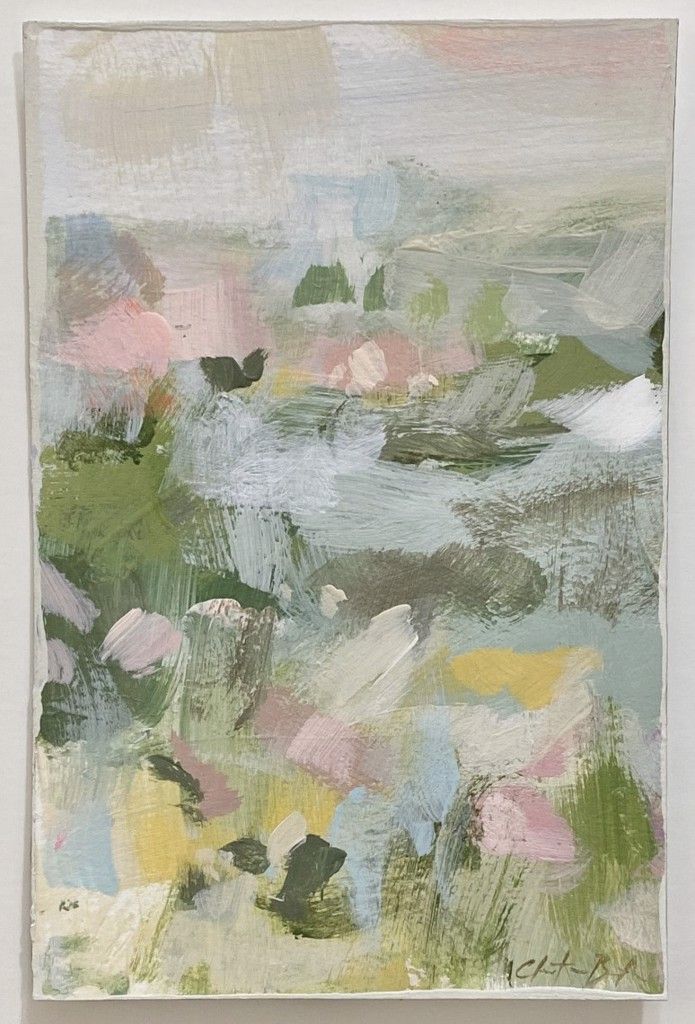 an abstract painting with green, pink and blue colors