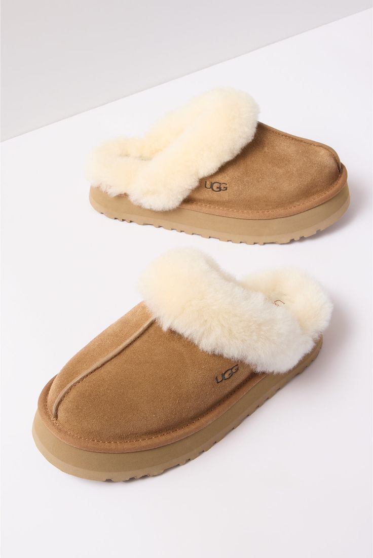 These easy-to-love UGG® slippers will be your go-to all season long, featuring a suede and sheepskin upper, plush sheepskin lining, and a lightweight, durable sole for ultimate comfort. | UGG Women's Disquette Slipper, Size 7, Brown Slippers Ugg, Slipper Shoes Ugg, Ugg Slippers Platform, Shoes Ugg, Ugg Slippers Aesthetic, Ugh Slipper, Ugg’s Slippers, Uggs Slippers, Ugg Slippers 2022