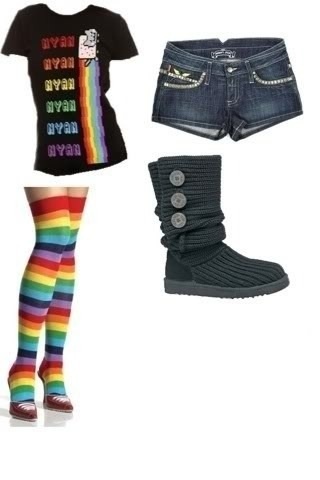 Nyan cat outfit (: Nyan Cat Outfit, Rainbow Scene Outfit, Indie Scene Outfits, Nyan Cat Clothes, Nyan Cat Costume For Cats, Nyan Cat Costume, Nyan Cat Scene, Nyan Cat Plush, Scene Kid Outfits