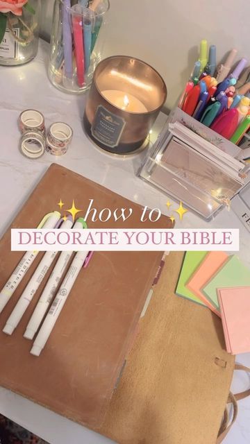 a table with pens, pencils and other items on it that says how to decorate your bible