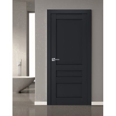 a black door in a white room