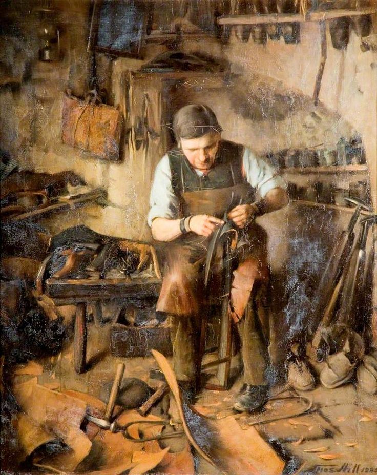 a painting of a man working in a shop