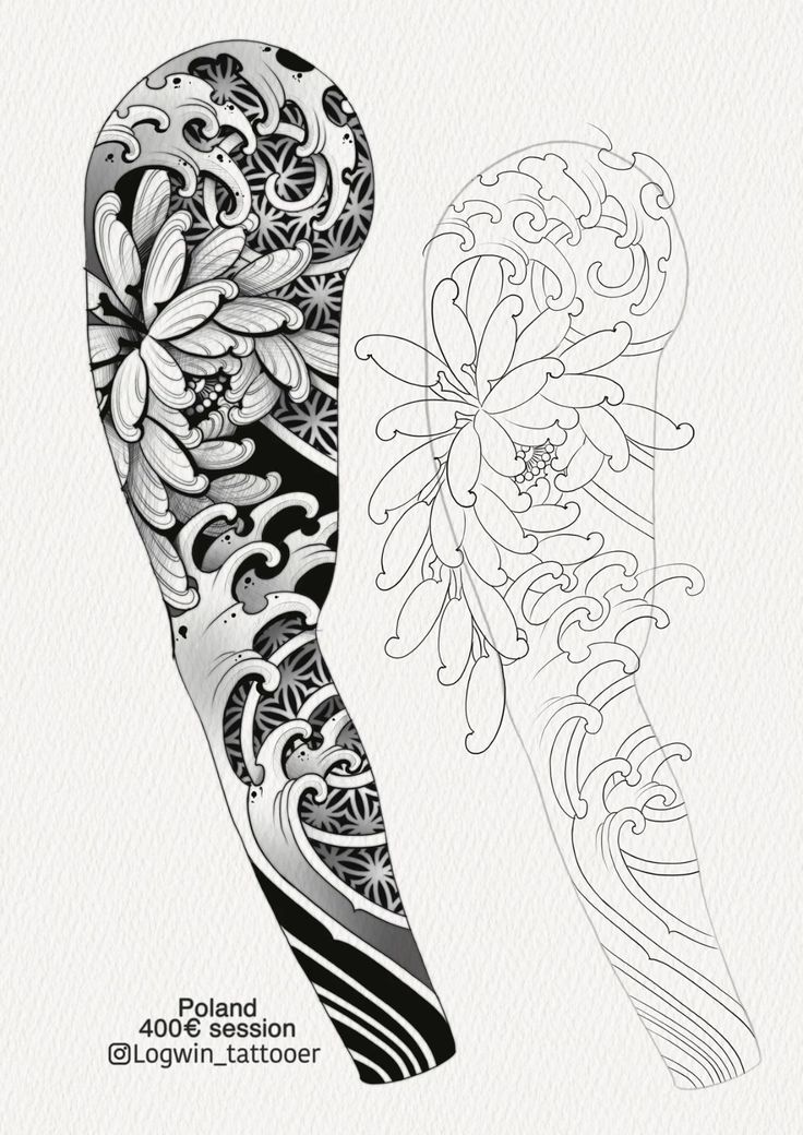 the foot and leg tattoo design is shown in black and white, with floral designs on it