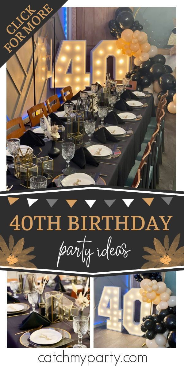 a birthday party with black and gold decorations, balloons and lights on the table for fortyth birthday party ideas