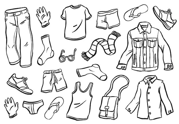 a black and white drawing of clothing items