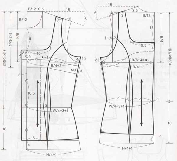 the front and back views of a women's dress, with measurements for each piece