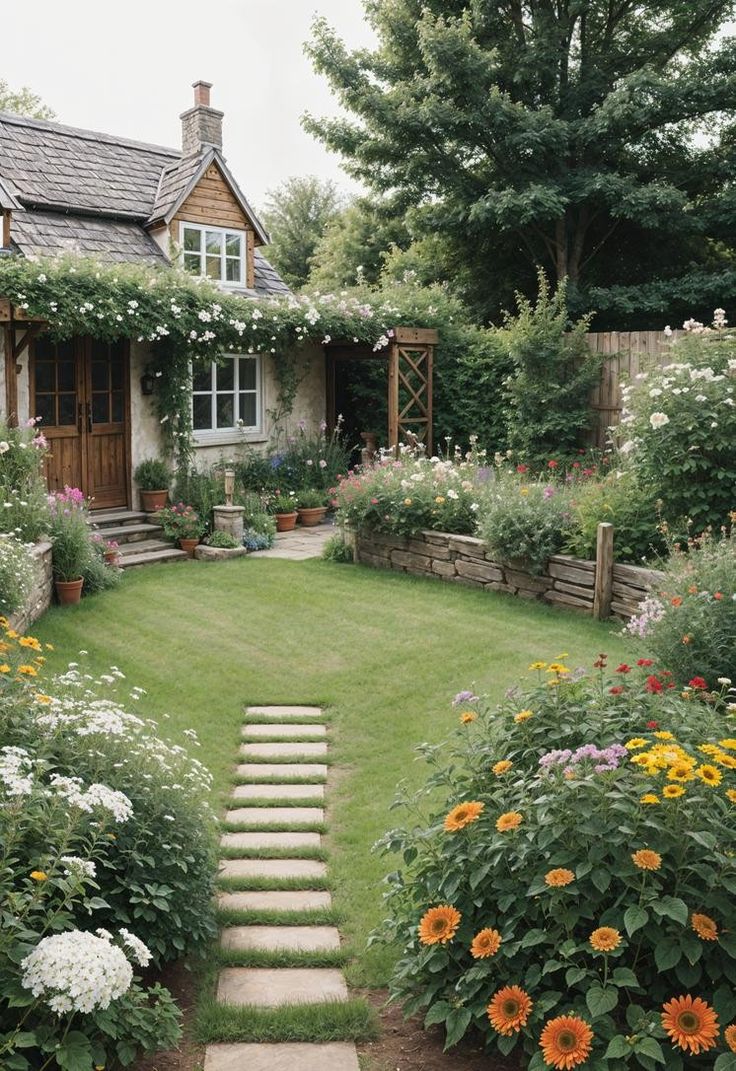 a garden with flowers and steps leading to a house