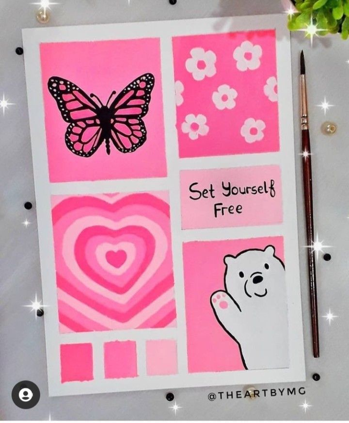 a pink card with hearts, flowers and a butterfly on it that says set yourself free