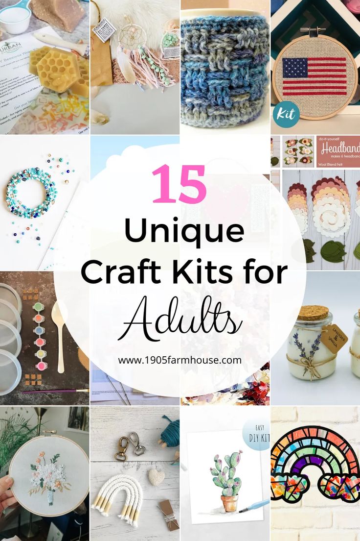 unique craft kits for adults are featured in this collage with text overlays