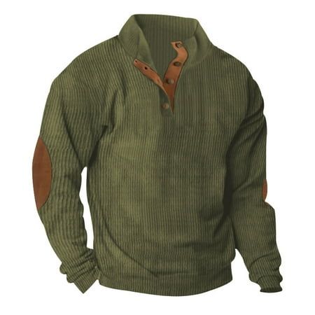 an army green sweater with brown leather accents