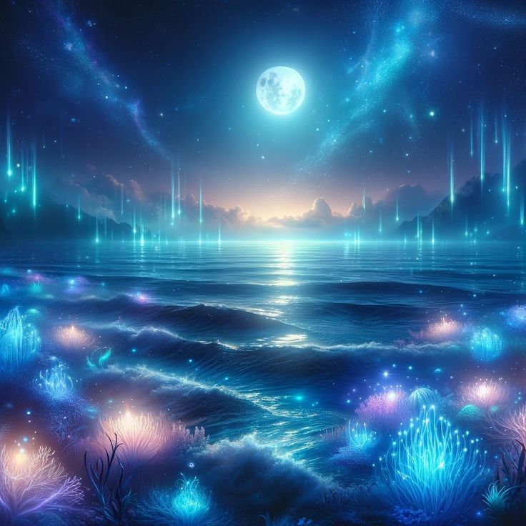 an ocean scene with fireworks and stars in the sky