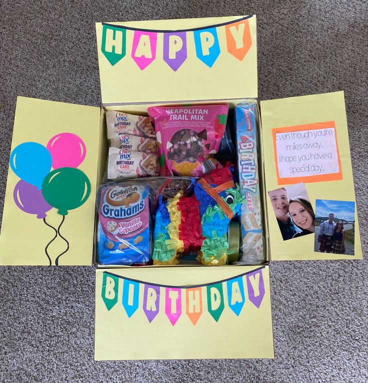 an open birthday box on the floor with pictures and decorations around it, including balloons