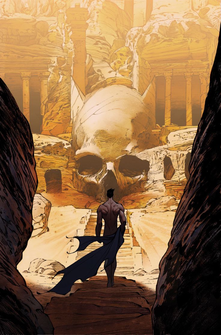 a man standing in the middle of a desert with a skull on his head and another person behind him