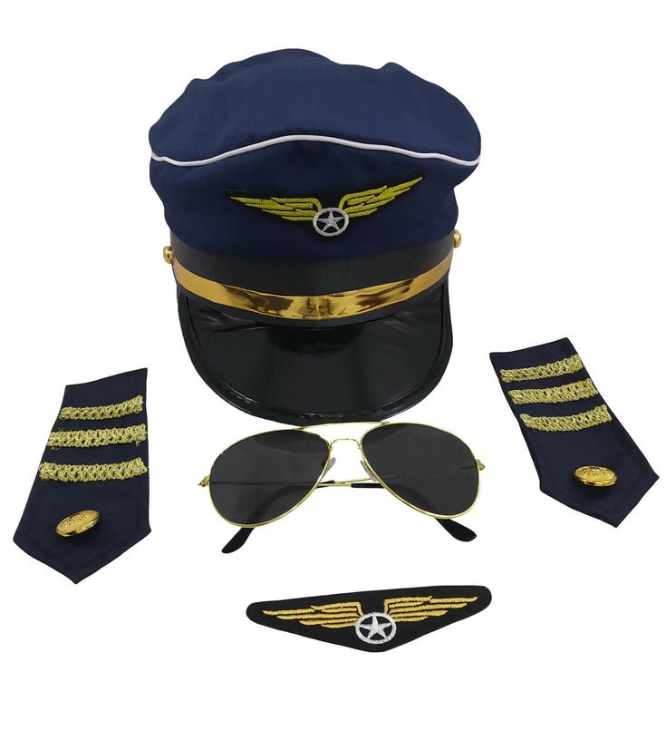 the pilot's hat, sunglasses and tie are all in one piece with gold trim