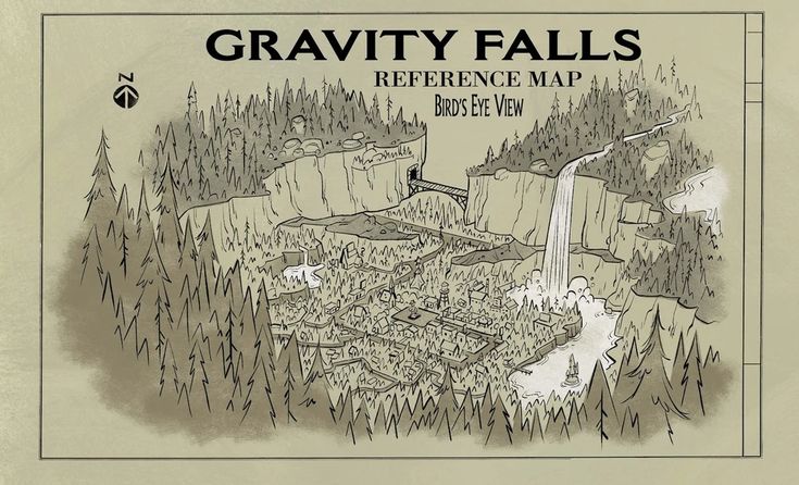 a drawing of a map with the words gravity falls reference map above it and trees in the background