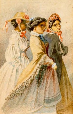 an old fashion magazine cover with three women in dresses and hats, one wearing a hat