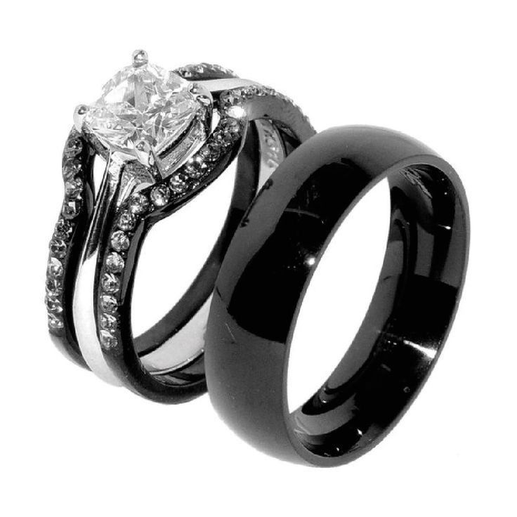 two wedding rings with black and white diamonds on each one, set against a white background