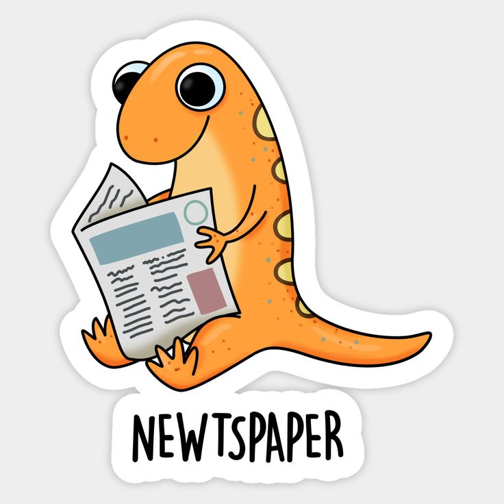 a sticker with an image of a dinosaur reading a newspaper and the words news paper