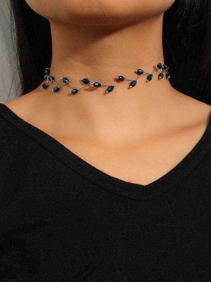 Free Returns ✓ Free Shipping On Orders $49+ ✓. Crystal Decor Choker- Necklaces at SHEIN. Navy Blue Jewelry, Wedding October, Festival Necklace, Blue Choker, Flower Charm Necklace, Singer Dr, Chocker Necklace, Stone Choker, Blue Accessories