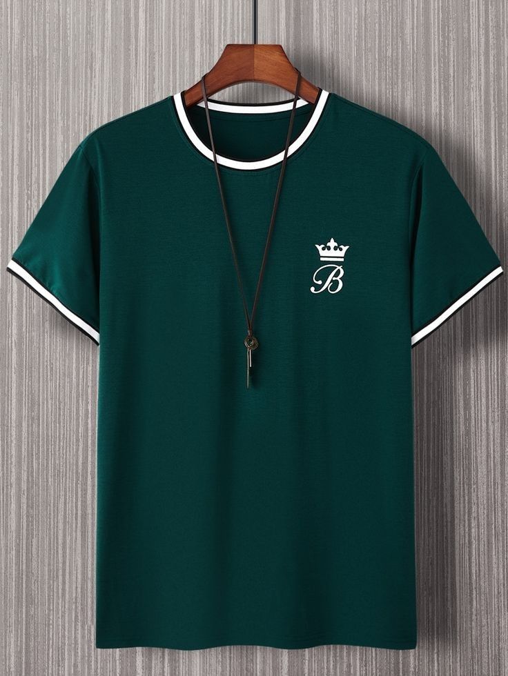 Dark Green Casual Collar Short Sleeve Fabric Letter  Embellished Slight Stretch Summer Men Tops Minimal Shirt Design, Trendy Shirt Designs, Tshirt Design Men, Guys Clothing Styles, Cool Outfits For Men, Latest T Shirt, Mens Fashion Suits, Men Tops, Fashion Sale