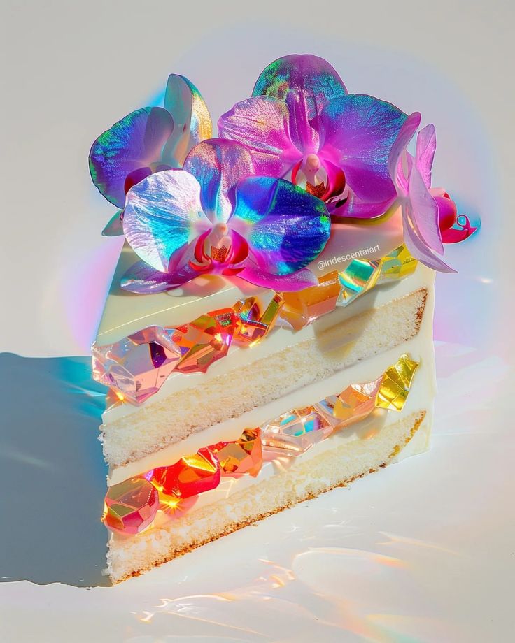 there is a piece of cake with flowers on it