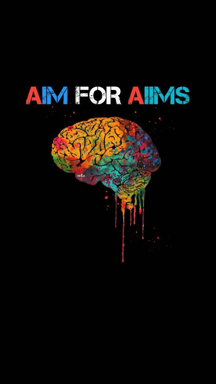 the words aim for aims are painted on a black background with an image of a brain