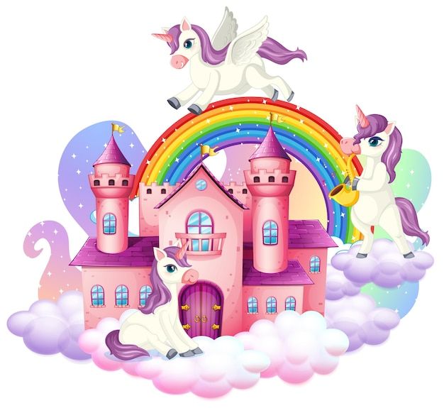 two unicorns in front of a pink castle with a rainbow on the roof illustration