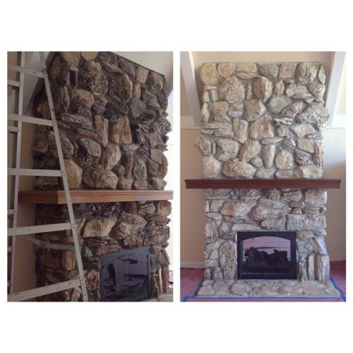 two pictures of a stone fireplace with ladders