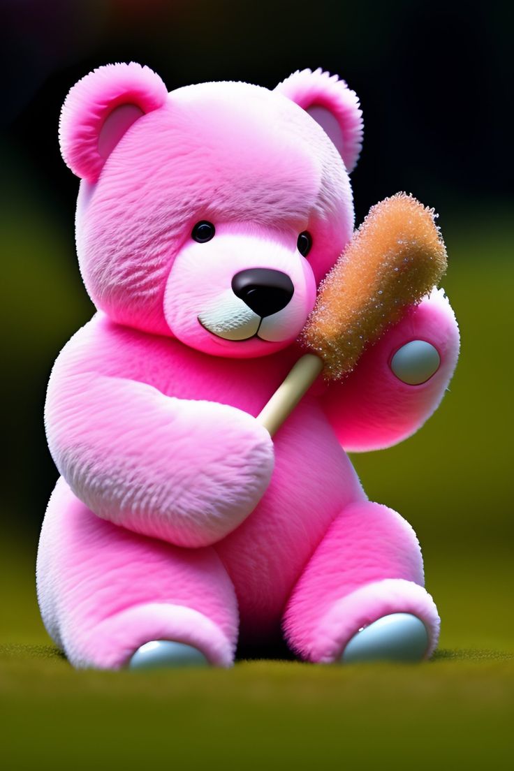 a pink teddy bear holding a stick in its paws