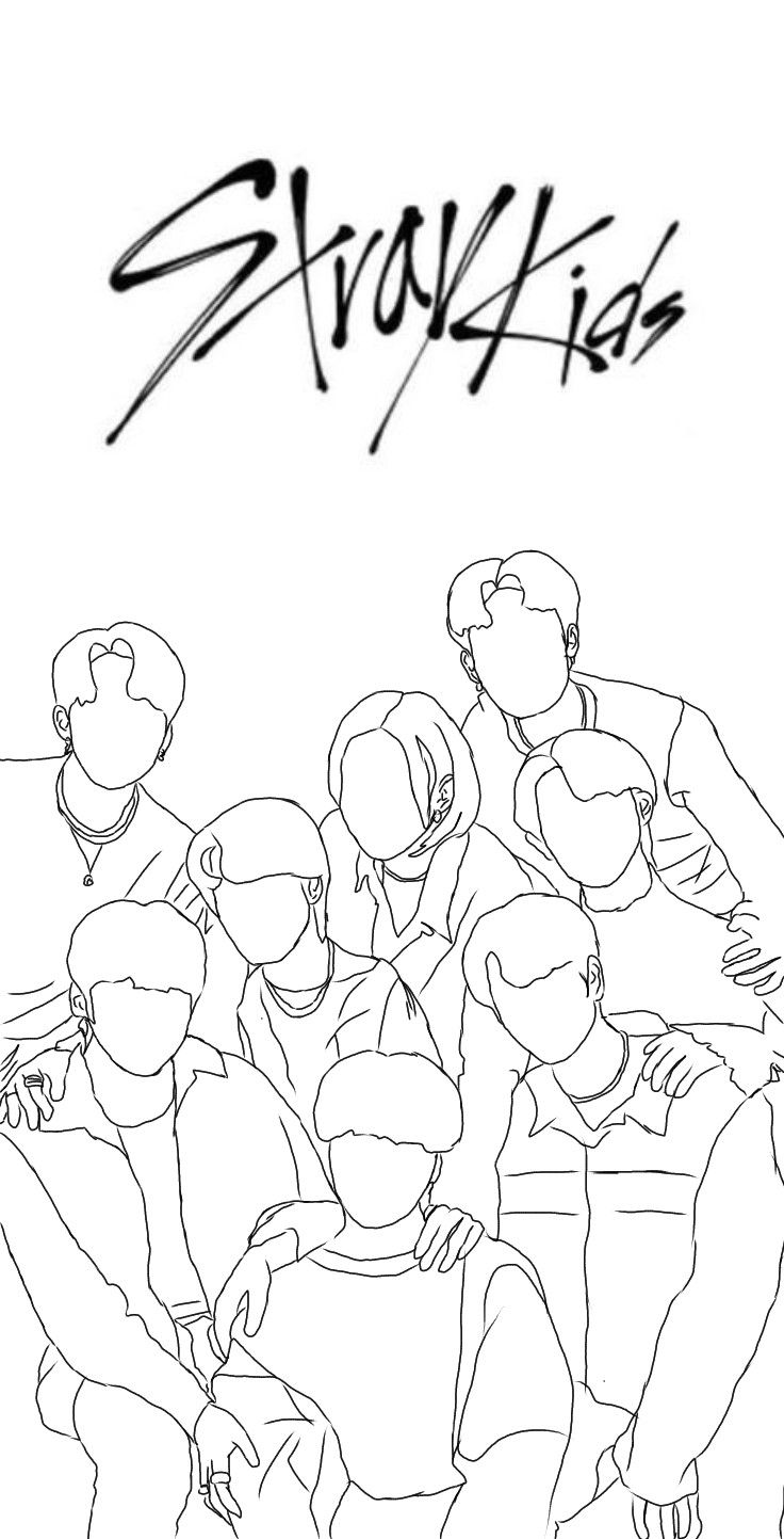 a black and white drawing of people sitting on a bench with the word stray kids written above them