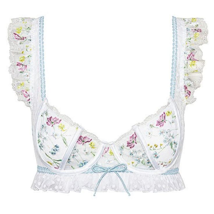 Support And Style Meet In This Charming, Eyelet Piece Bra And Matching Midsummer Floral Hi-Waist Panty. Lightly-Lined Wireless Scalloped Lace Accents Shirred Elastic Straps Back Closure Floral Print With Polka Dots Hand Wash, Lay Flat To Dry Matching Hi Waist Panty Summer Lace Underwire Bra, Feminine White Bra, Feminine White Bra For Spring, White Feminine Daywear Bra, Light Blue Summer Bra, Feminine White Bra For Daywear, Summer Daywear Underwire Bra, White Summer Daywear Bra, Blue Lace Trim Bra For Summer