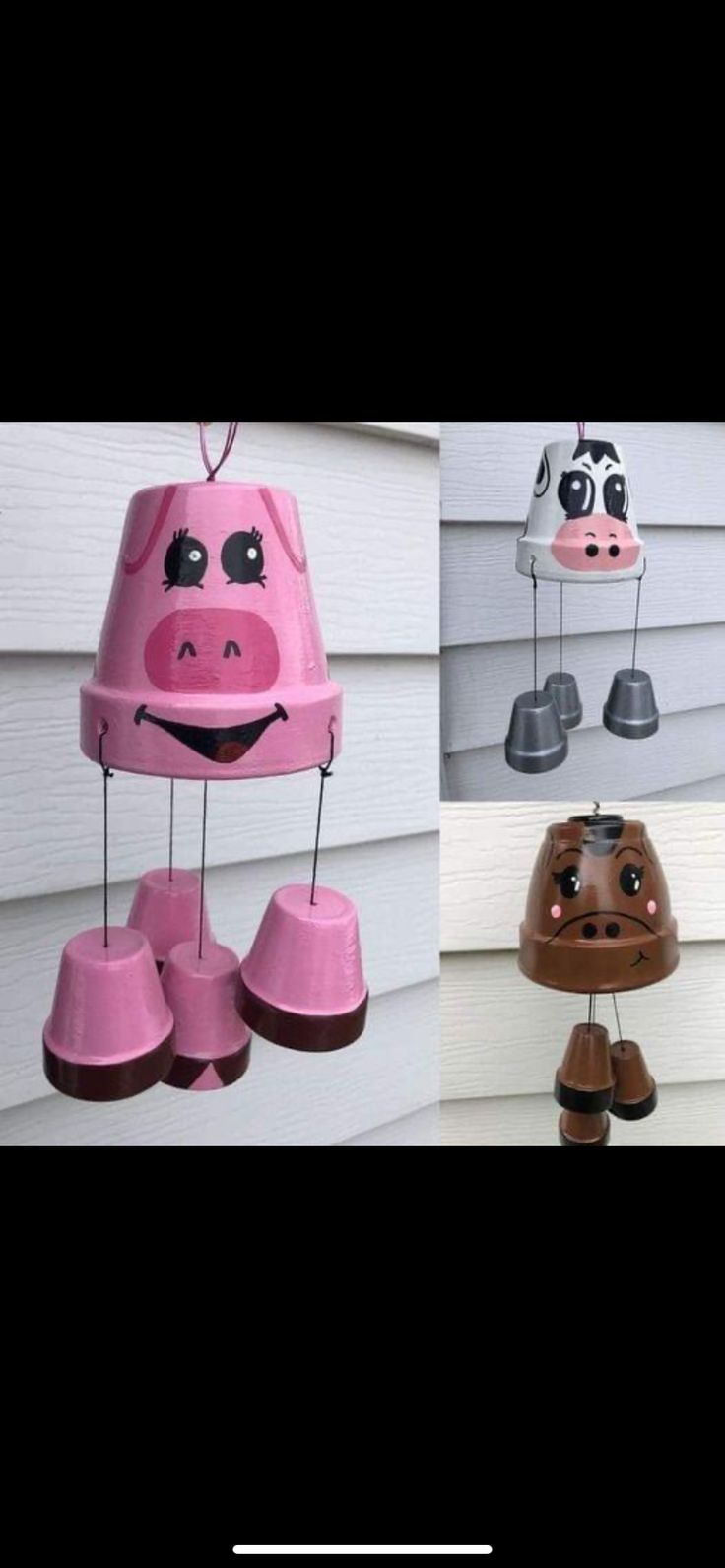 three different kinds of bird feeders hanging from the side of a house, one pink and