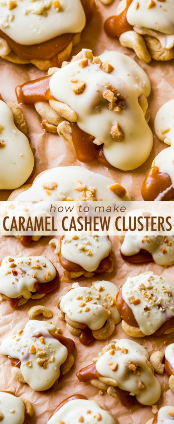 an image of caramel cashew clusters with text overlay