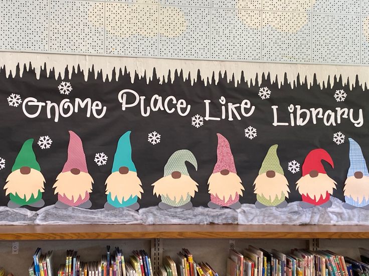 there is a sign that says gnome place life library on the shelf in front of bookshelves