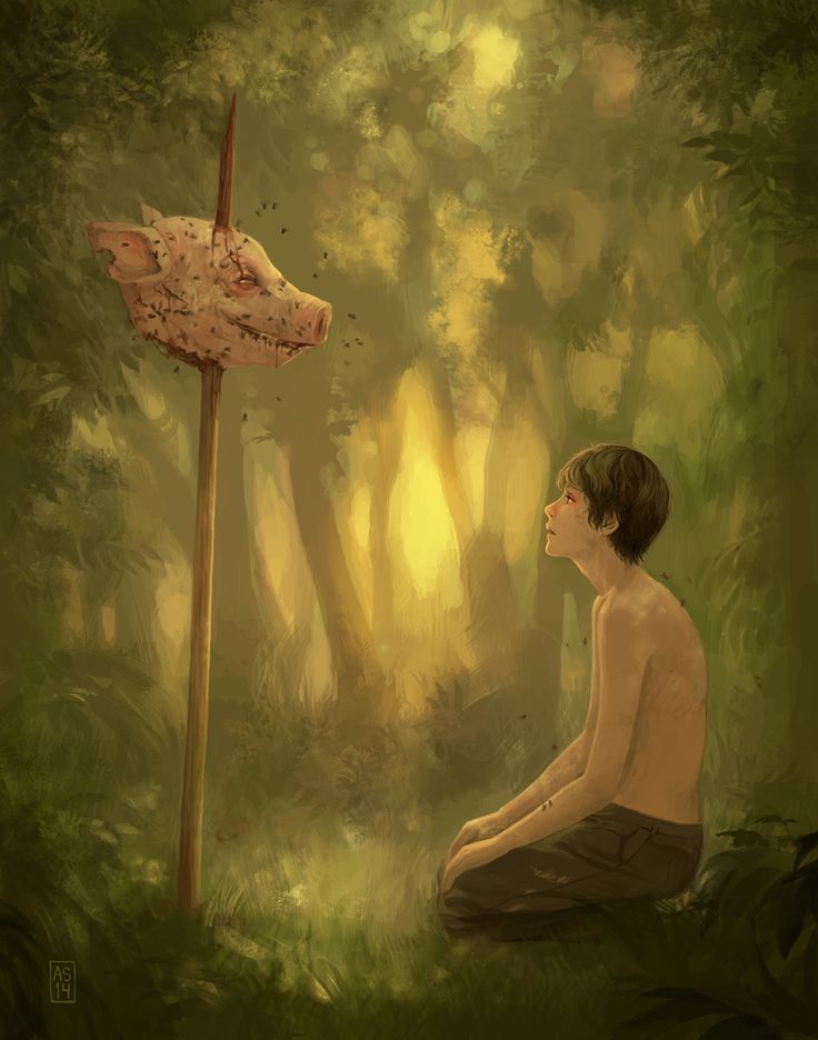 a painting of a boy sitting in the woods with a pig head on a pole