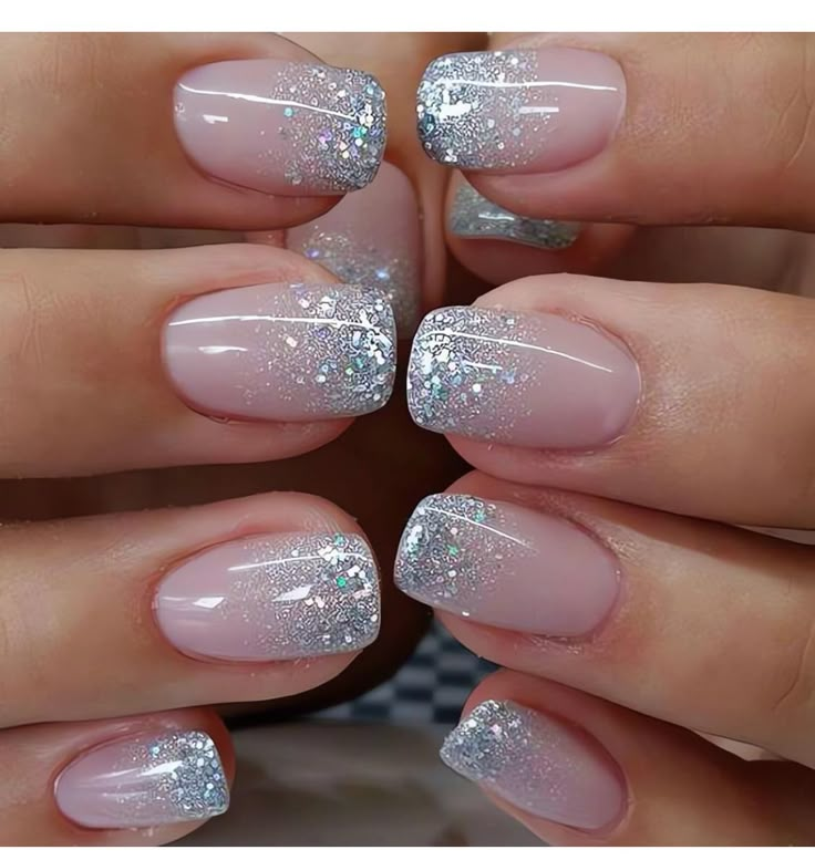 Wedding Day Bride Nails, Pink With Glitter Tips Nails, Nails Ideas Glitter Sparkle, Cute And Simple Summer Nails, Light Pink Nails With Glitter Accent, Nail Design For Engagement, Xmas And New Years Nails, Nails Acrylic New Years Sparkle, Balloon Nails Birthday