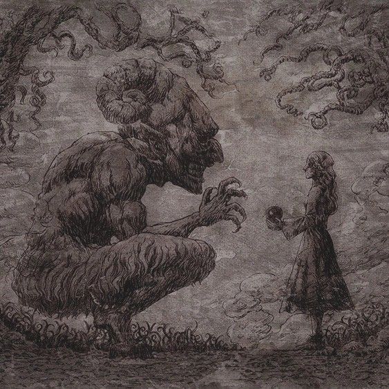 a drawing of a woman standing next to a giant monster in the sky with clouds above her