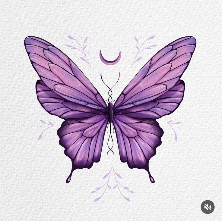 a drawing of a purple butterfly with the moon in the background and watercolor on paper