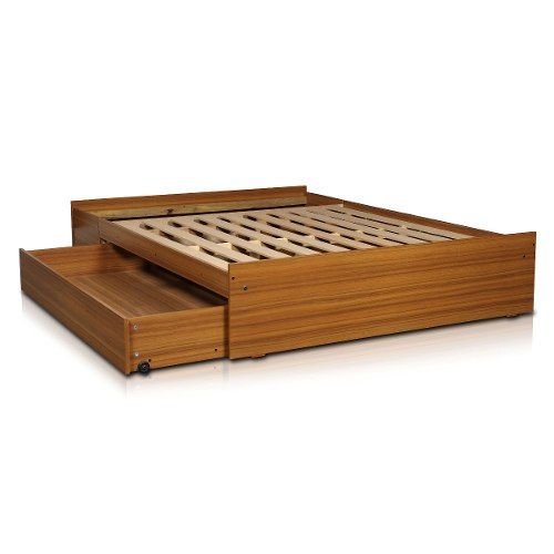 a bed with two drawers on each side and one drawer open to show the mattress