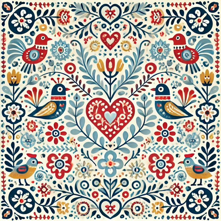 an ornate pattern with birds and hearts on it, in blue, red and yellow colors