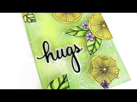 a card with the word hugs written in black ink on top of green and yellow flowers