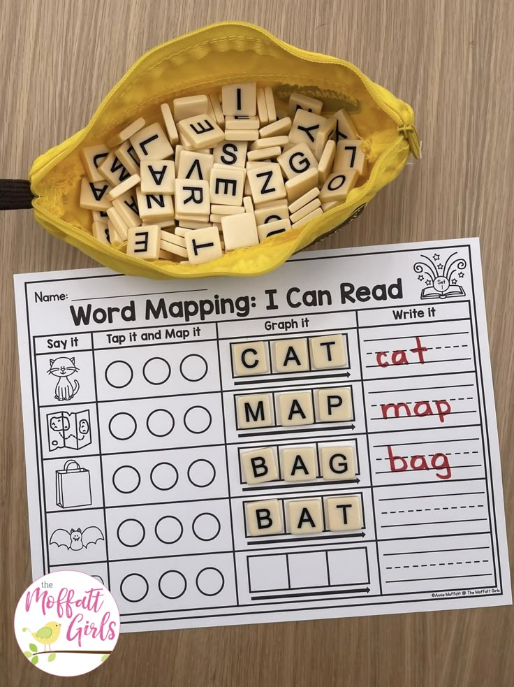 a yellow bag filled with letters and words next to a printable word map on a table