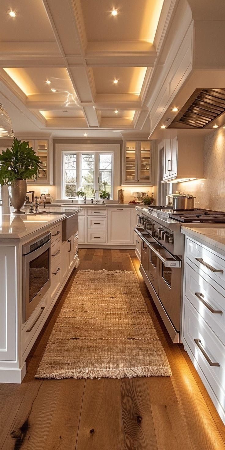 a large kitchen with white cabinets and wooden flooring is lit by recessed lights