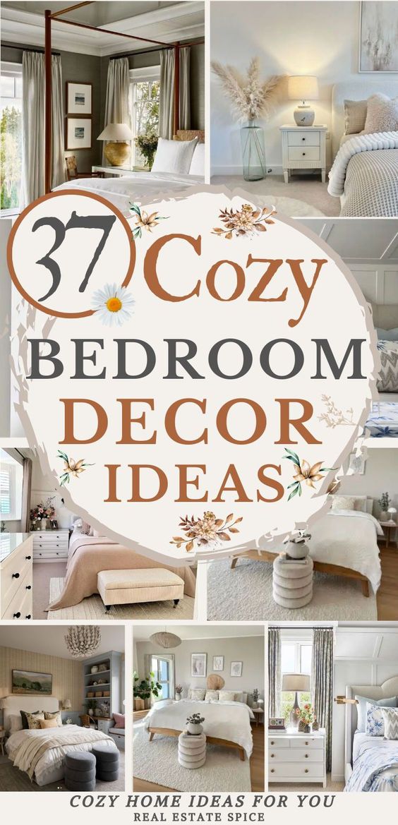 a collage of different rooms with the words cozy bedroom decor ideas on top of them