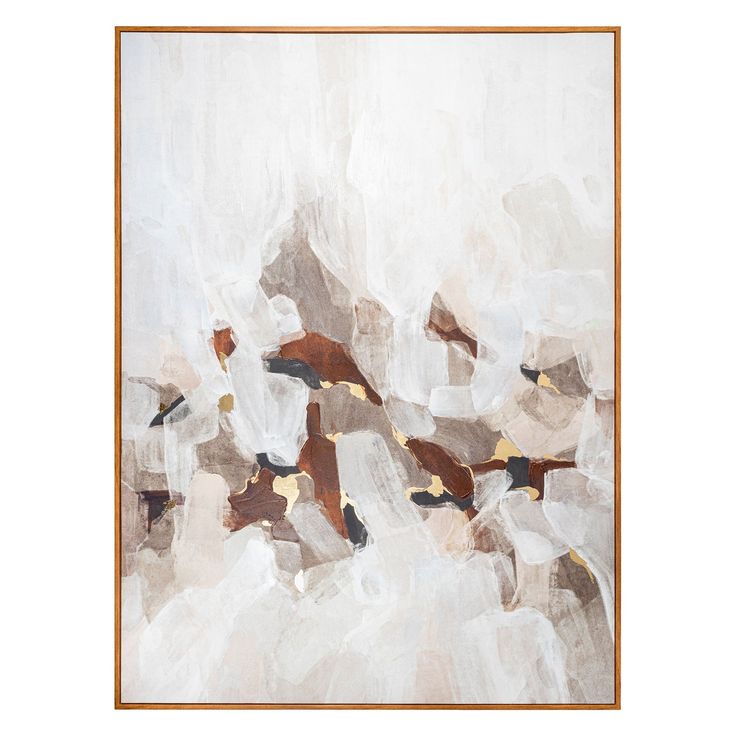 an abstract painting with birds flying in the sky on white and brown background, framed in wood frame