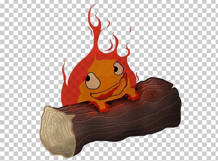 a cartoon fire with an orange fish on it's head sitting on top of a log