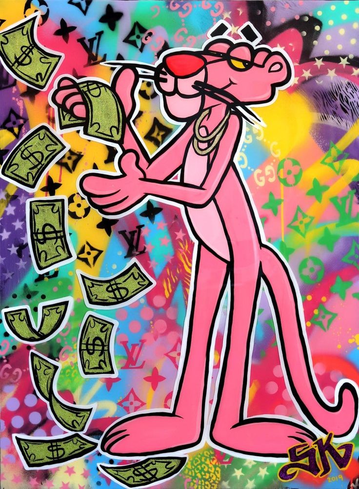 a pink cartoon character with money coming out of his mouth